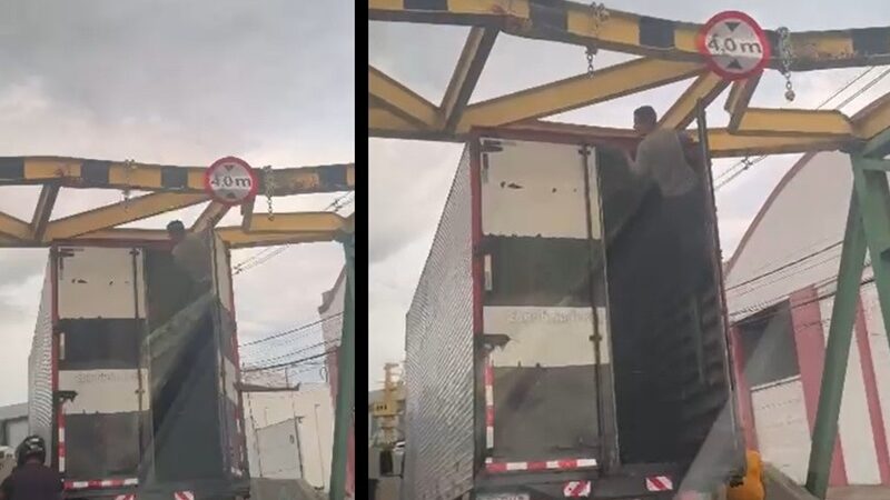 Vídeo: caminhão fica “entalado” no limitador de altura da João Valério